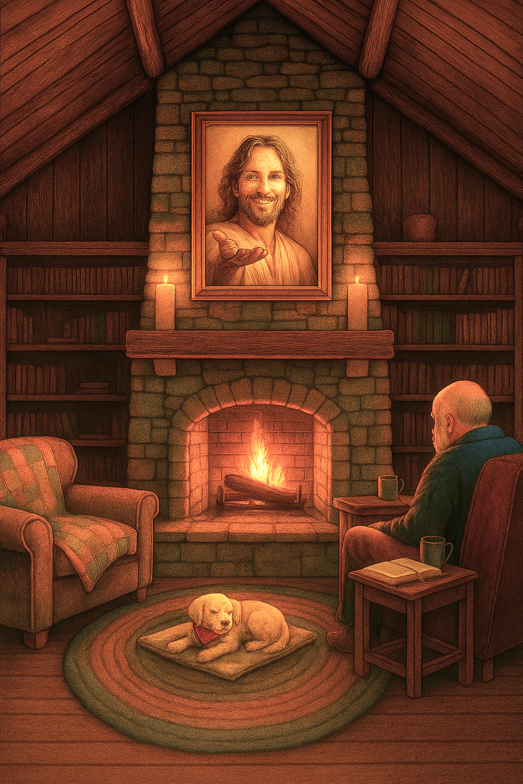 Warm fireplace with Jesus' portrait welcoming you.
